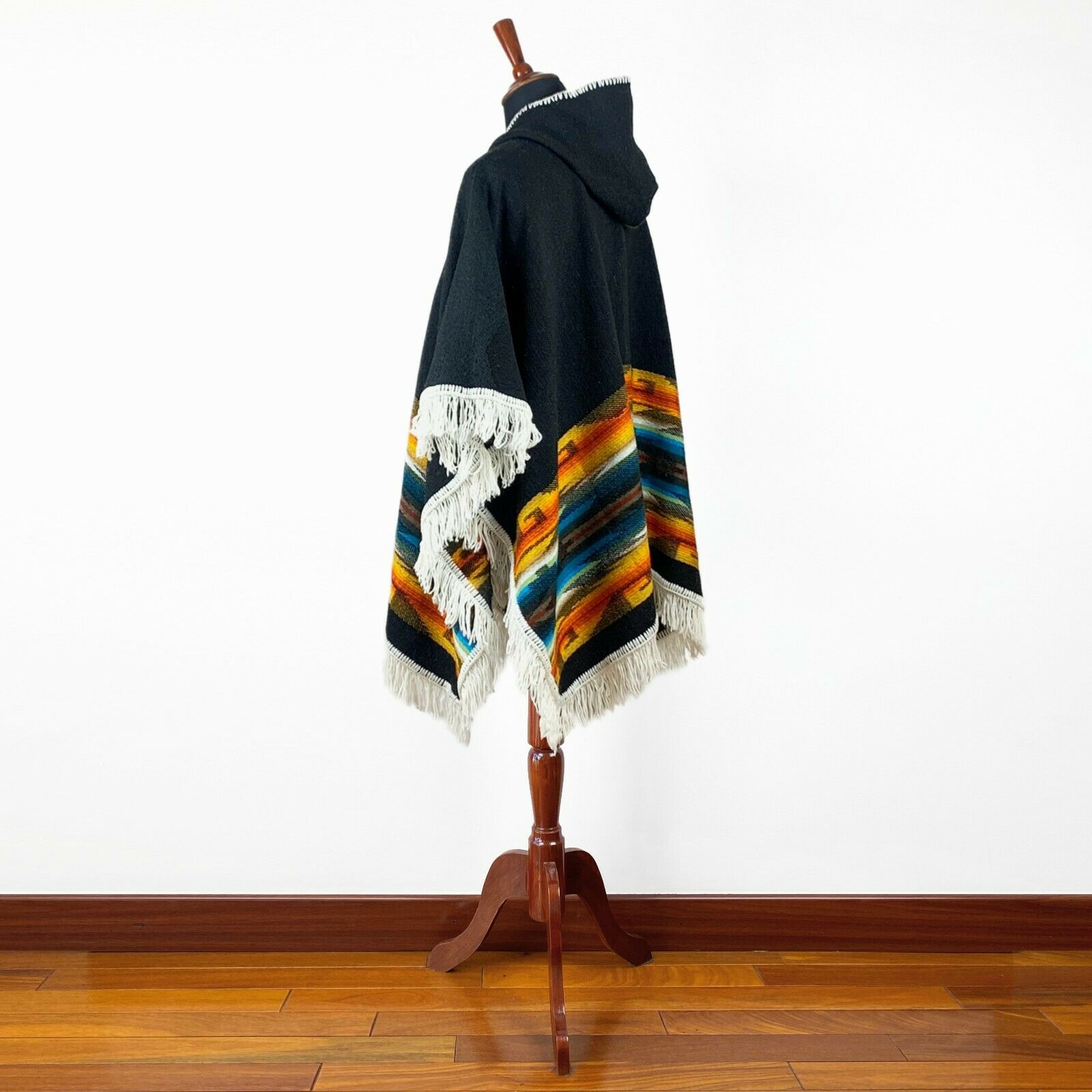Llama wool Unisex Hooded Open Cape Poncho - Authentic South American Aztec pattern - BLACK