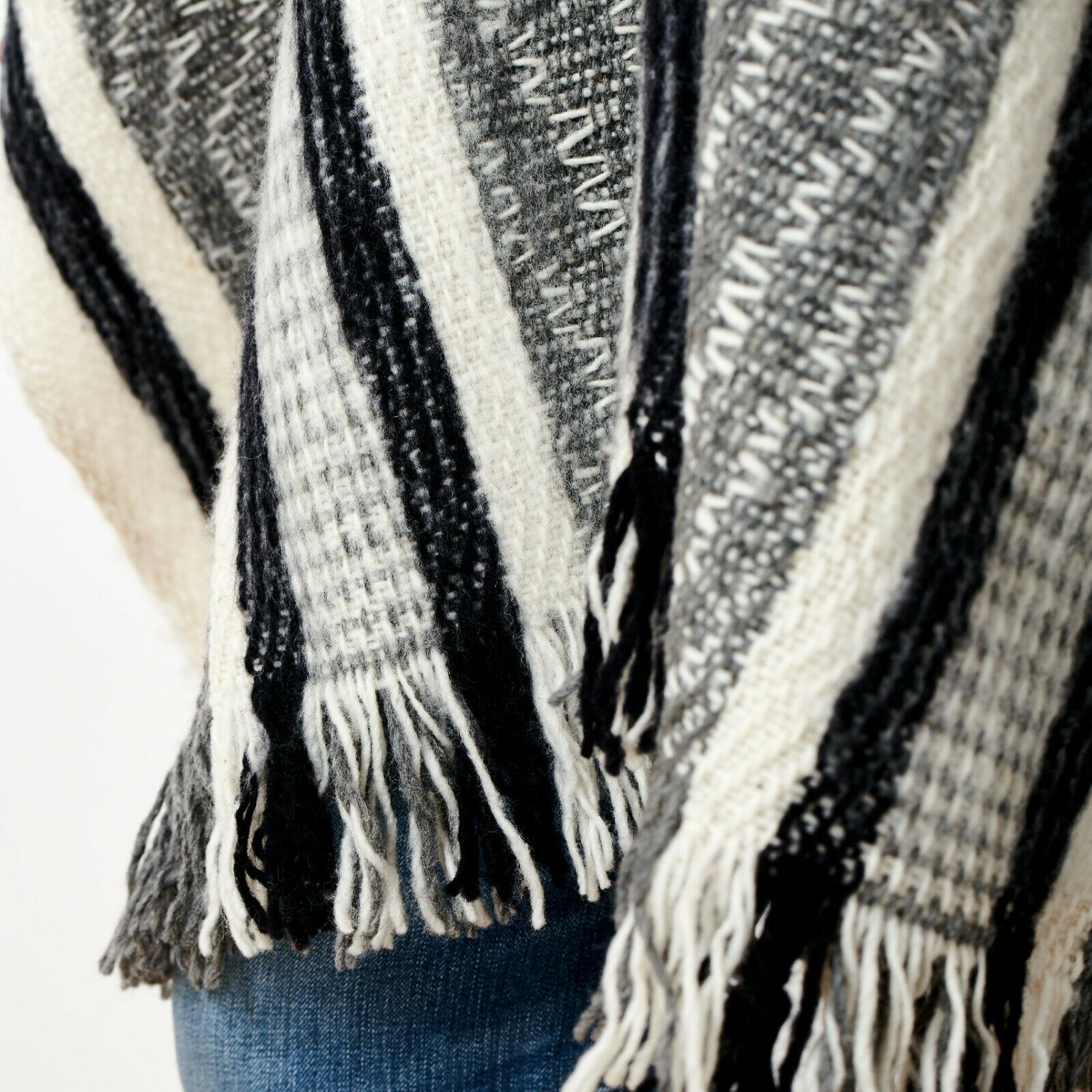 Llama Wool Unisex South American Handwoven Hooded Poncho - wavy striped pattern