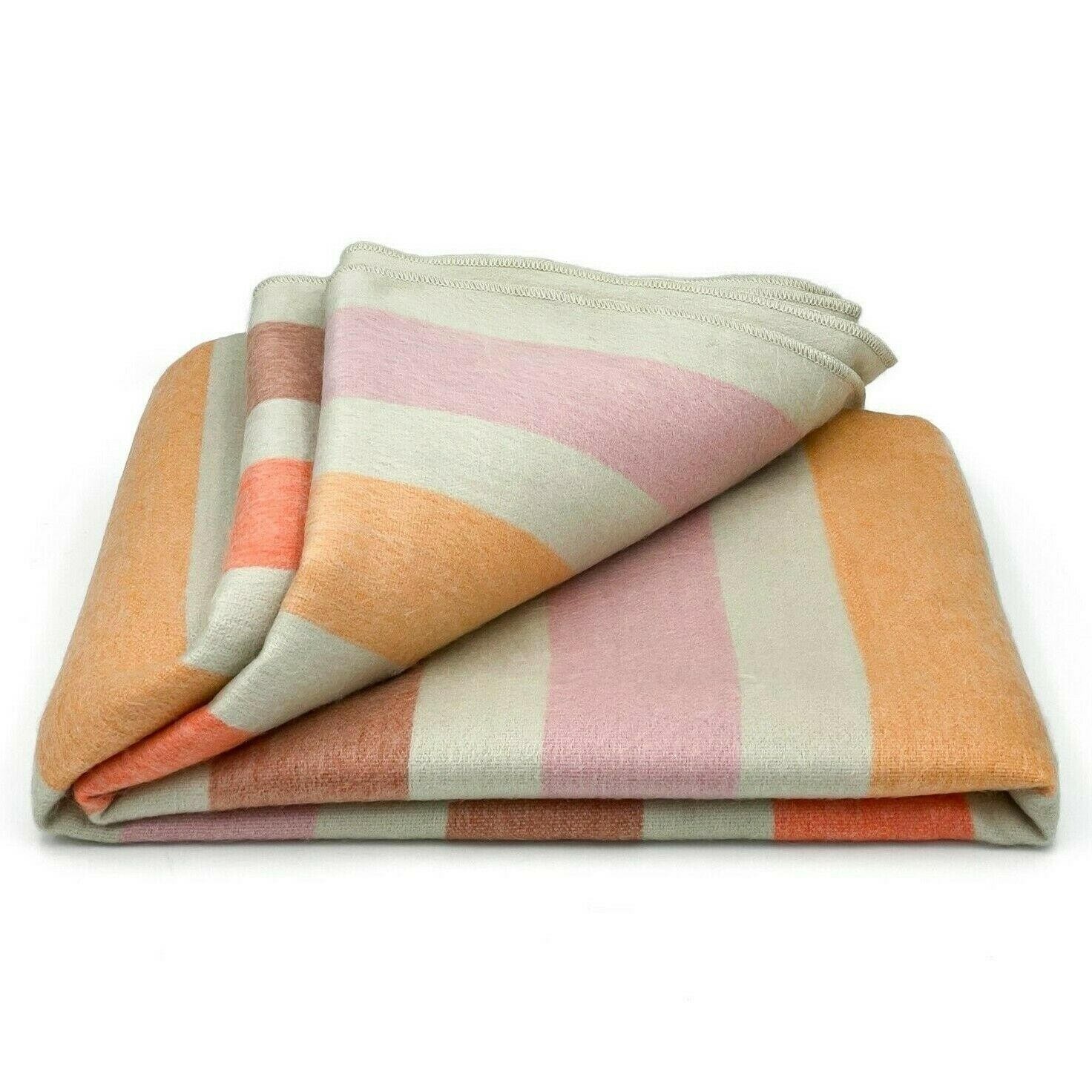 Lloa - Baby Alpaca Wool Throw Blanket / Sofa Cover - Queen 95" x 66" - striped cream/soft pink/carrot/orange/mocha
