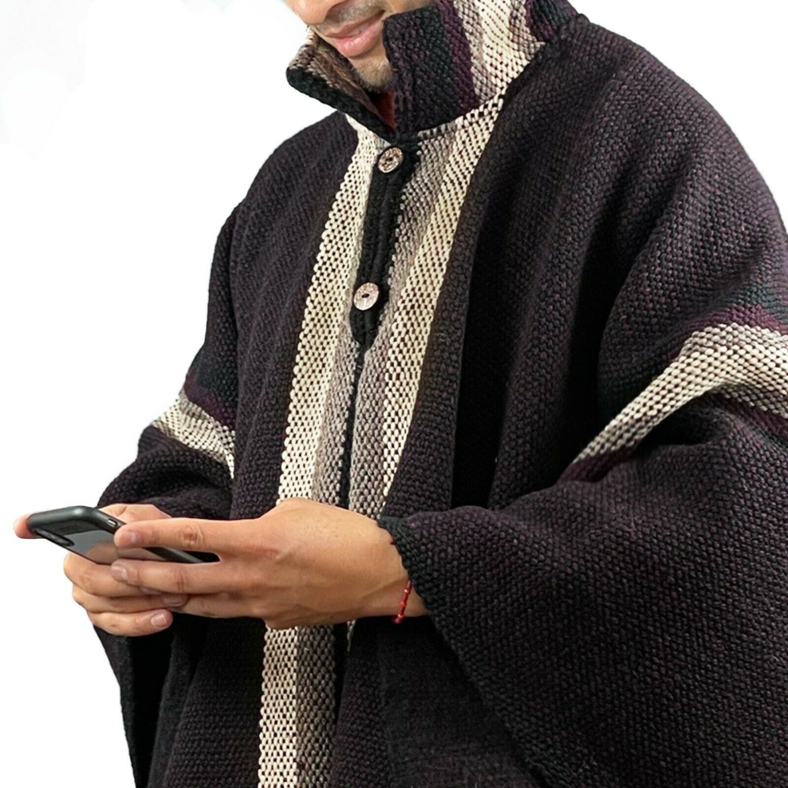 Nunkui - Llama Wool Unisex South American Handwoven Wide Thick Serape Poncho - striped pattern