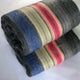 Siguitag alpaca wool throw blanket – a folded, multicolored striped blanket displays shades of blue, grey, pink, and cream. It rests on a white surface, showcasing its soft, textured material