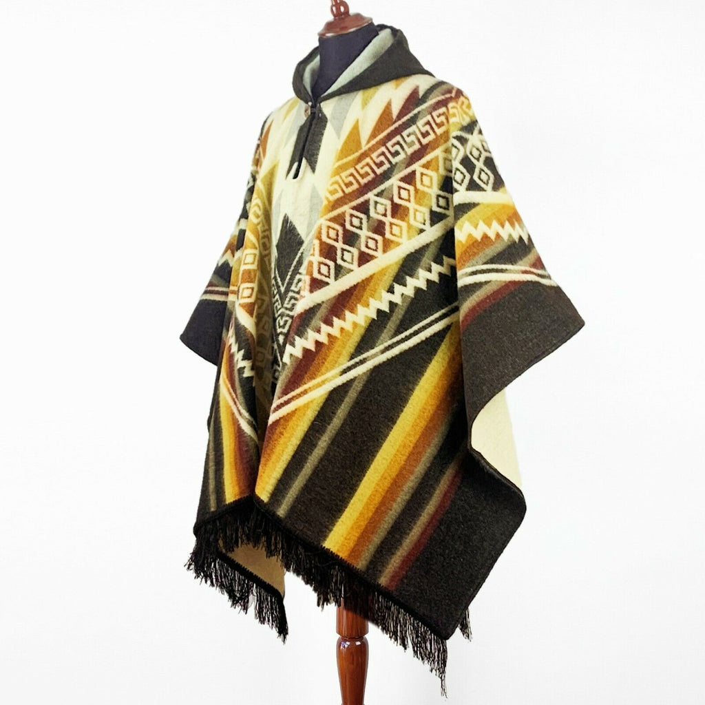 Alpaca wool Mens Unisex Hooded Poncho Aztec pattern all seasons