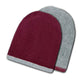 Two woolen mitts, one burgundy and one gray, are lying flat and overlapping each other on a plain white background.
