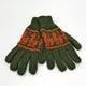 Green knitted gloves lie flat, featuring an orange pattern of stylized horses on the wrist area. They're set against a plain white background, highlighting their texture and design.