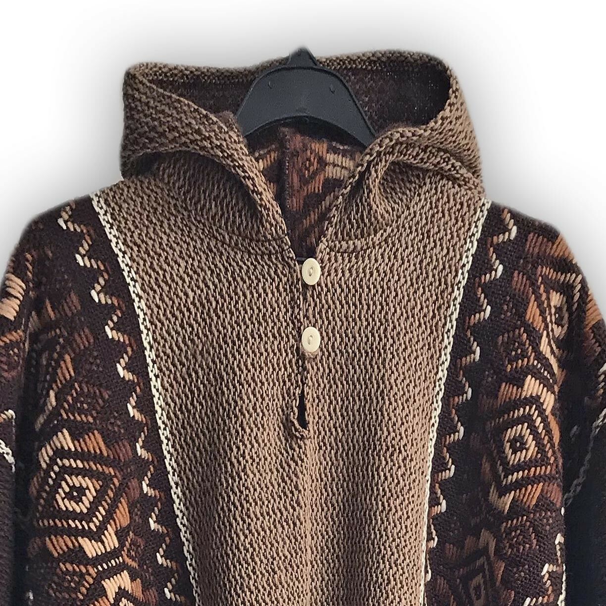 Llama Wool Unisex South American Handwoven Hooded Poncho - solid brown with diamonds pattern