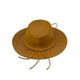 A brown leather hat with a wide brim and braided band rests on a plain white background.