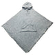 A gray poncho with a hood and small zipper lies flat, featuring a central frontal pocket. It rests against a plain white background.