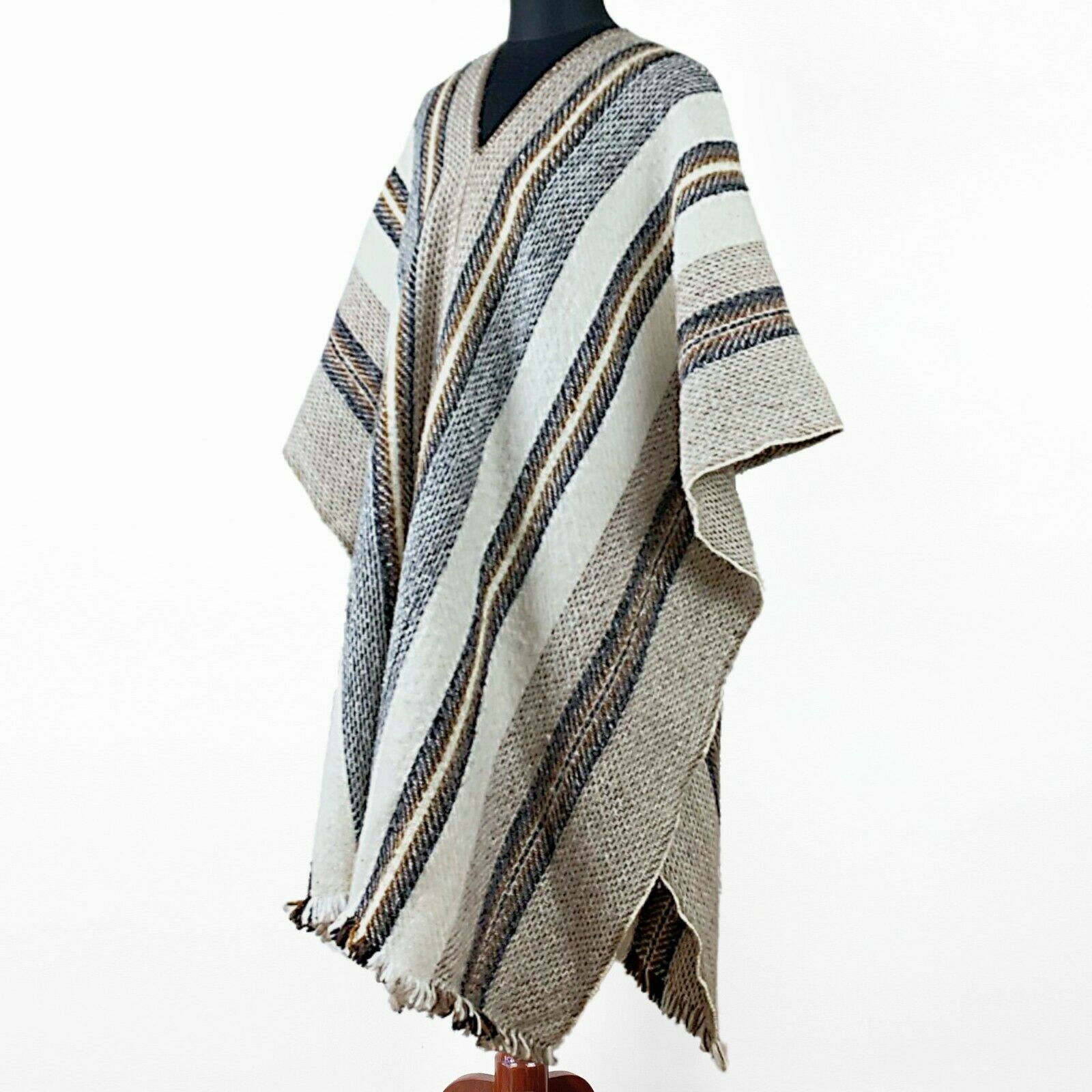Llama Wool Unisex South American Handwoven Serape Poncho - Extra Long M-XXL - striped pattern