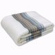 Sigchos baby alpaca wool blanket – a folded white blanket displays horizontal multicolored stripes, including gray, blue, yellow, pink, and green, set against a plain, light background