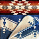 A woven blanket, featuring geometric patterns in red, brown, and blue, lies folded with its corner turned, displaying diamond shapes and tribal designs. The setting is neutral.