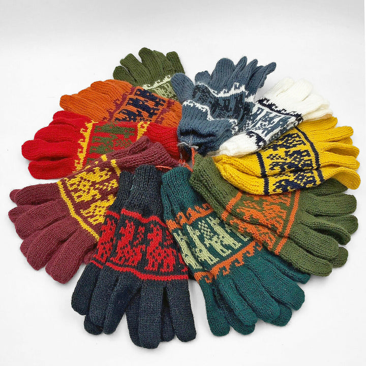 Knit gloves arranged in a circular pattern on a white background, featuring various colorful designs and intricate patterns including animals and geometric shapes.