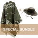 A patterned poncho pairs with a leather hat, set against a white background. The words SPECIAL BUNDLE are displayed on a beige banner beneath the items.