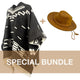 A dark, patterned poncho and a brown cowboy hat are paired together, suggesting a SPECIAL BUNDLE promotion, shown against a plain white background.