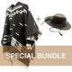 Poncho with geometric patterns and wide-brimmed hat, arranged side by side, signifies a special offer. Text reads SPECIAL BUNDLE on a tan banner beneath.