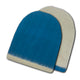 Two knit caps are lying flat; one is blue with a light band at the bottom, and the other is cream-colored, both overlapping slightly, on a plain white background.