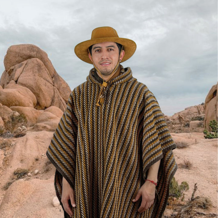 A person wearing a striped poncho and wide-brimmed hat stands amidst large rock formations in a desert-like landscape under a cloudy sky.
