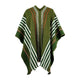 A green poncho with white, brown, and orange stripes drapes symmetrically, featuring fringe at the hem, displayed against a plain white background.