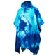 A blue tie-dye poncho with a hood and wooden buttons, displayed on a white background. The design features a mix of light and dark blue patterns.
