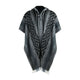 Nambija lightweight alpaca wool hooded poncho – a gray poncho features a geometric pattern with black diamond shapes, front buttons, and a hood, displayed against a plain white background