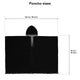 A black hooded poncho with decorative trim is displayed flat. Dimensions are labeled: width 122 cm (48 inches), height 92 cm (36 inches). Text: Poncho sizes.