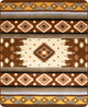 A patterned rug features geometric designs and diamond shapes in earthy tones, such as brown and beige, arranged symmetrically across horizontal bands, providing a visually balanced aesthetic.