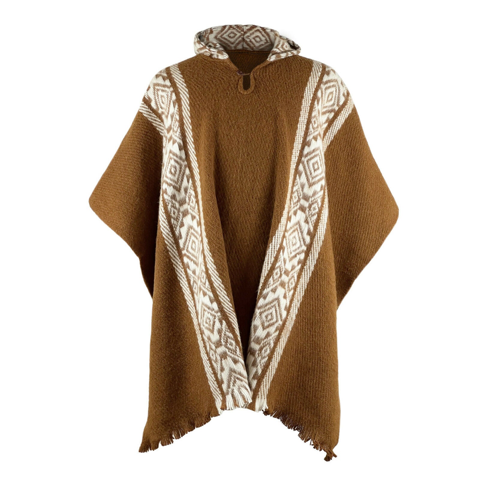 Kunki - Llama Wool Unisex South American Handwoven Hooded Poncho - brown with diamonds pattern