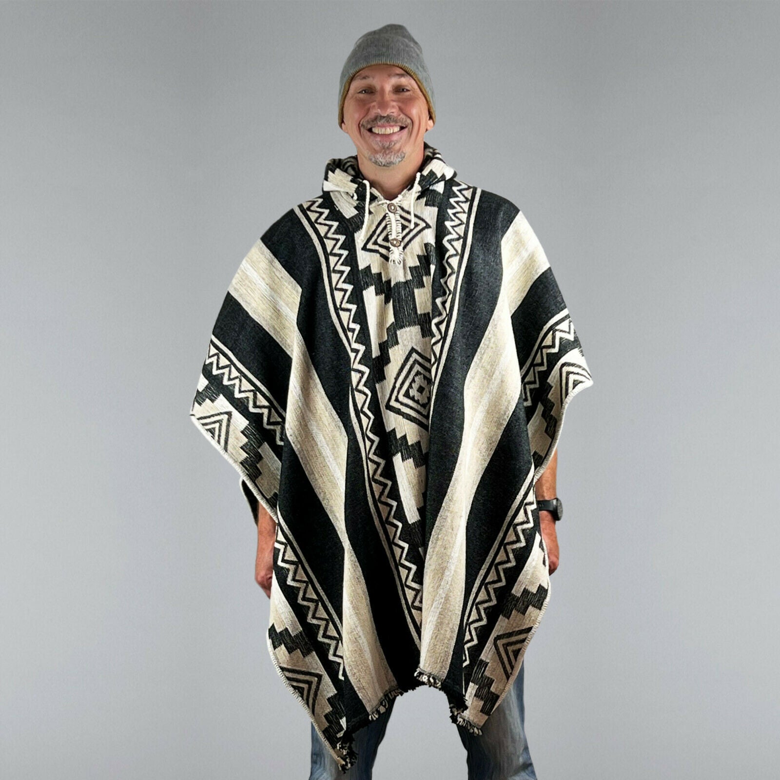 Adean Patterns Llama Wool Unisex South American Handwoven Thick Hooded Andean Poncho ...