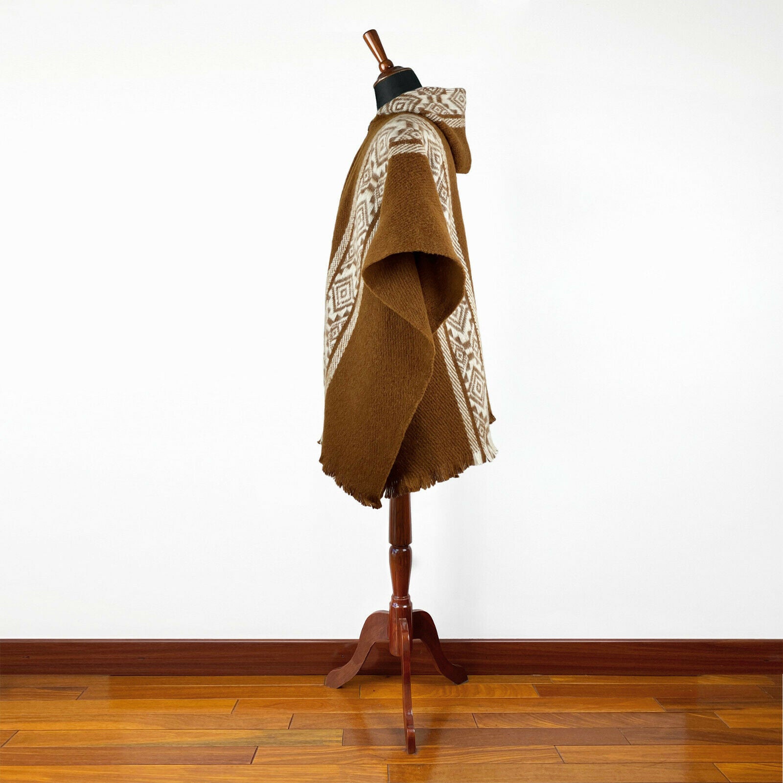 Kunki - Llama Wool Unisex South American Handwoven Hooded Poncho - brown with diamonds pattern
