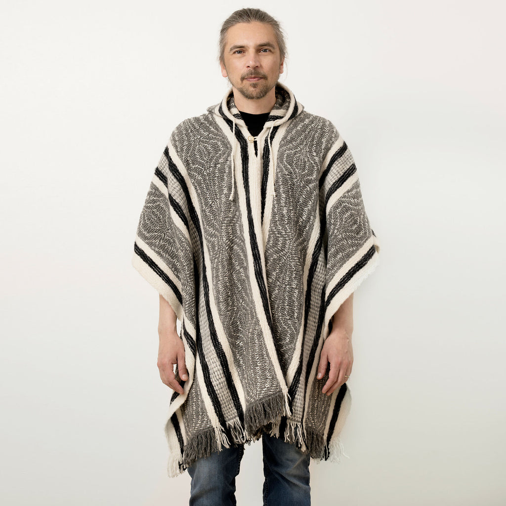 Llama Wool Unisex South American Handwoven Hooded Poncho - wavy stripe ...