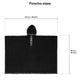 A black poncho with a hood is laid flat, measuring 122 cm/48 inches wide and 92 cm/36 inches tall, labeled Poncho sizes.