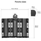 A black and white patterned poncho with a hood is displayed, showing its size: 153 cm x 100 cm (60 x 39 inches). The hood measures 28 cm x 38 cm (11 x 15 inches). The image has the title Poncho sizes.