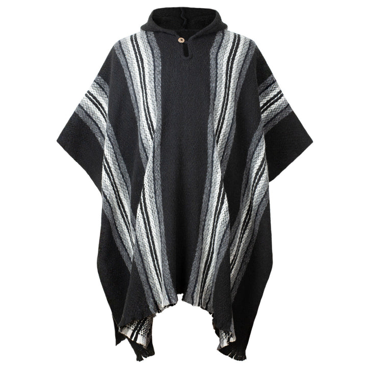 A black poncho with white and gray vertical stripes hangs prominently. It features a hood and single button closure, set against a plain white background.