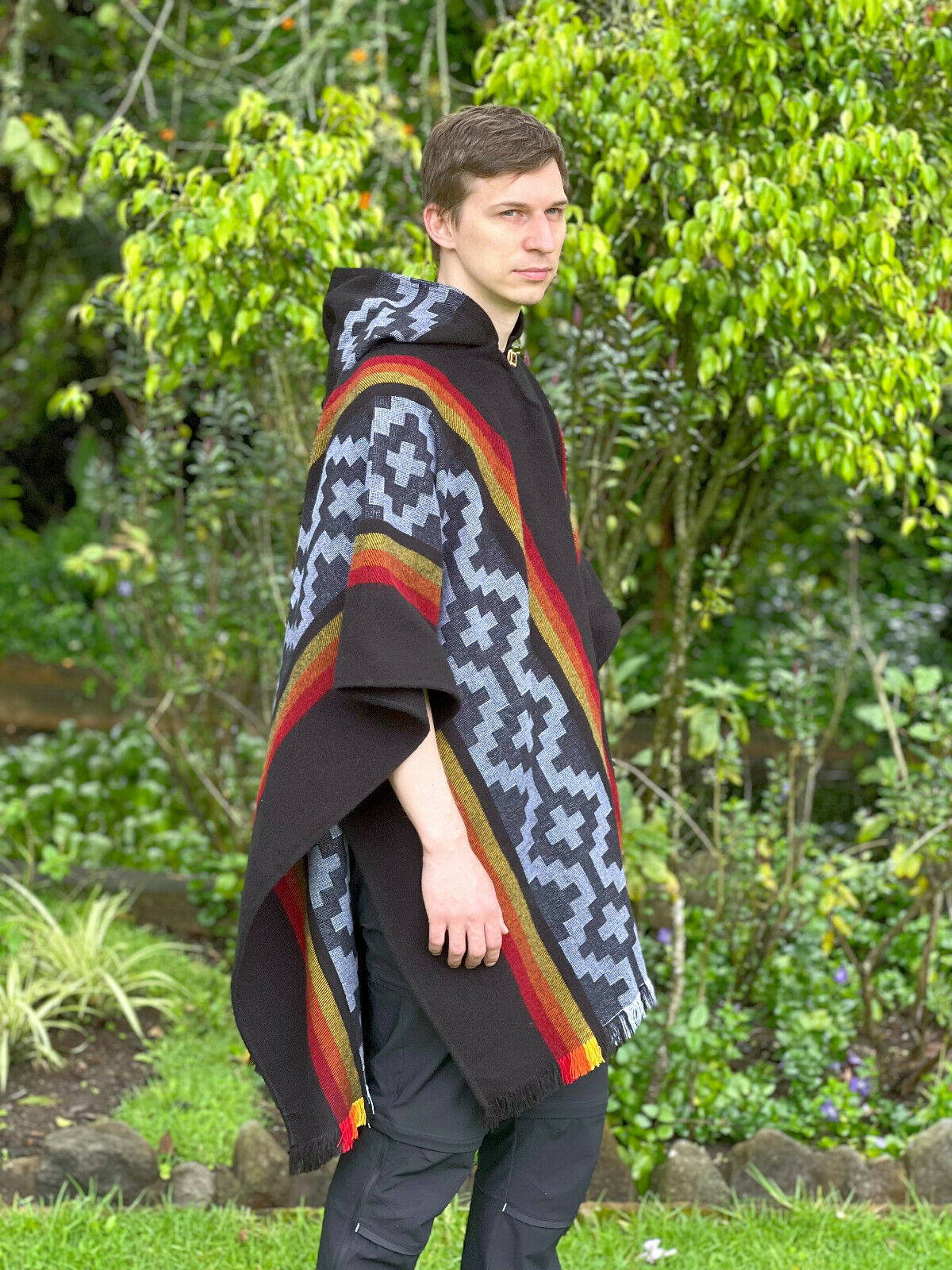 Podocarpus - Llama Wool Unisex South American Handwoven Hooded Poncho - Inca Crossed pattern - black