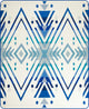 Geometric pattern featuring blue and teal triangles, diamonds, and circles, symmetrically arranged on a white background, creating a visually engaging, abstract design.