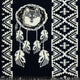 A woven design features a wolf's head within a dreamcatcher, adorned with hanging feathers. This is set against a backdrop of geometric tribal patterns in black and white.
