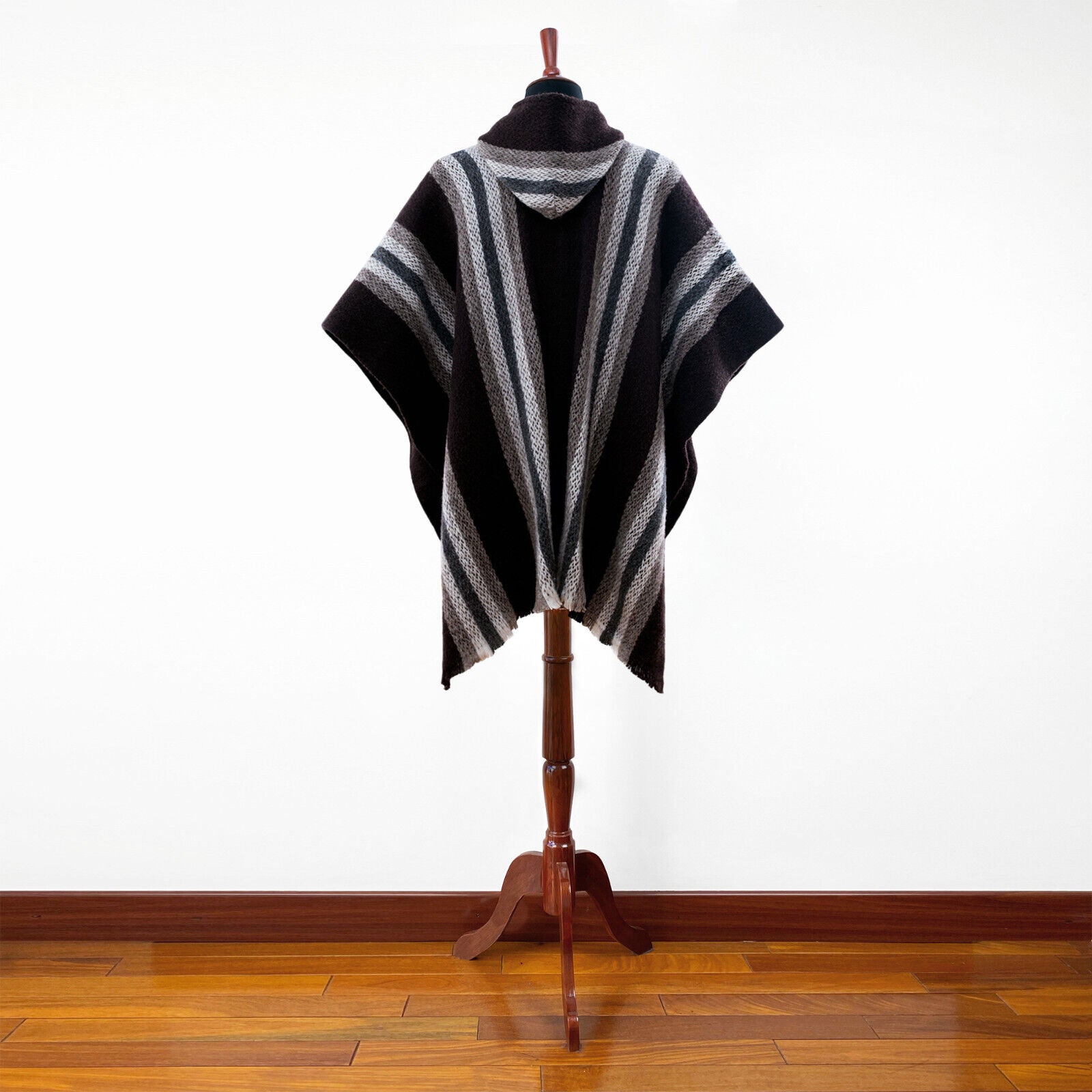 Daule - Llama Wool Unisex South American Handwoven Hooded Poncho - coffee/brown striped pattern