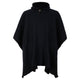 Achema llama wool hooded poncho – a black woolen poncho features a loose fitting design with a hood and a single brown button at the neckline, displayed on a plain white background