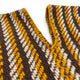 Woolen fabric with a chevron pattern of brown, yellow, and white stripes; features a notch at the edge, suggesting a garment's V-neck design, set against a white background.