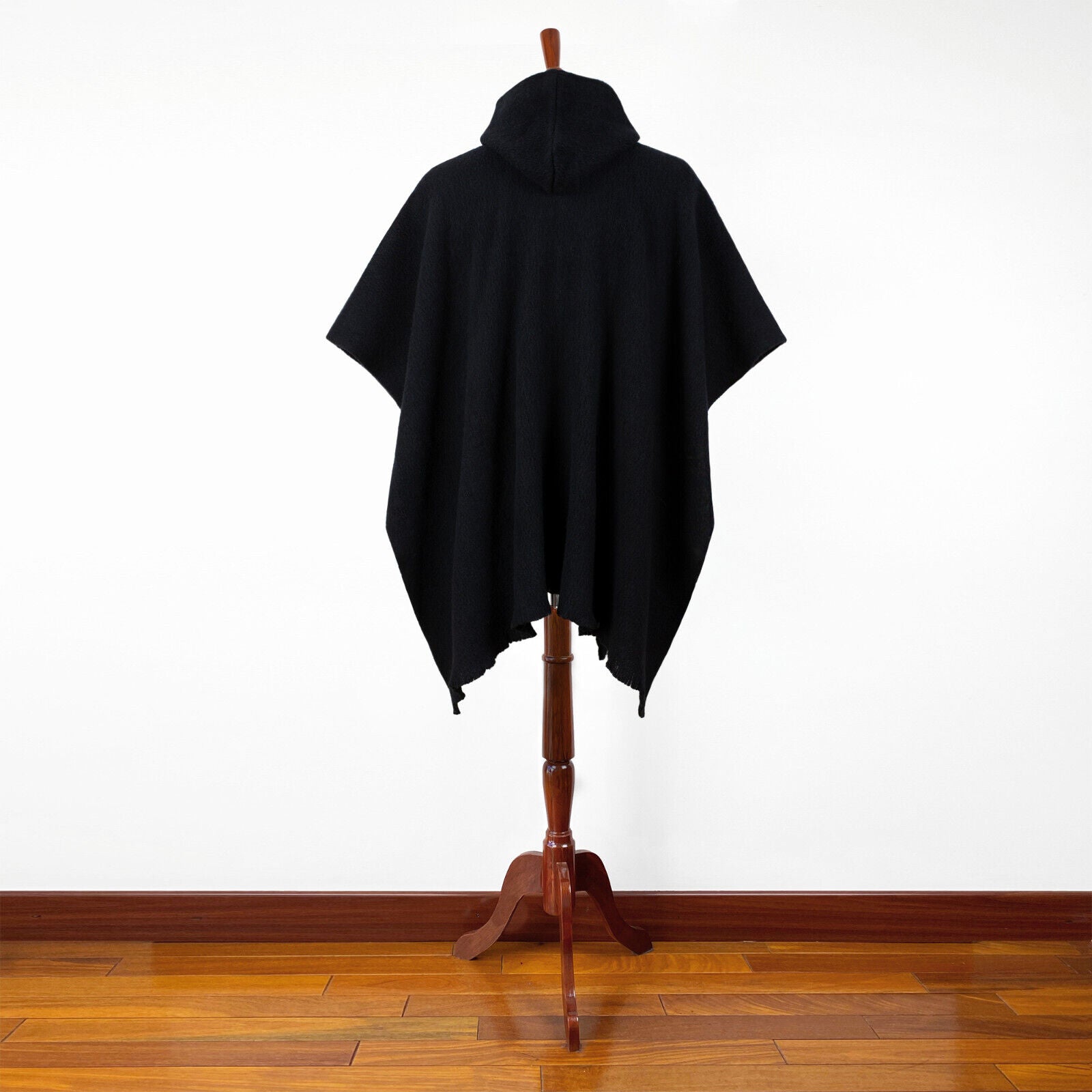 Achema - Llama Wool Unisex South American Handwoven Hooded Poncho - solid black