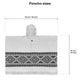 A white poncho with a hood and black geometric patterns spans 112 cm (44 inches) wide and 87 cm (34 inches) long. It is labeled Poncho sizes and includes dimensions.