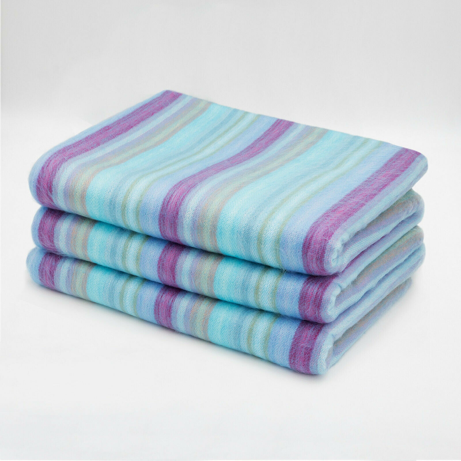 Tzacantza - Baby Alpaca Wool Throw Blanket / Sofa Cover - Queen 95" x 66" - aqua purple stripes pattern