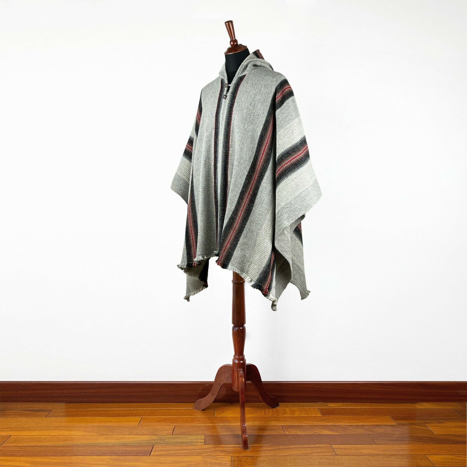 Congüime - Llama Wool Unisex South American Handwoven Thick Hooded Poncho - striped - gray