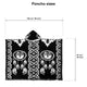 Poncho with a hood, featuring geometric patterns and a dreamcatcher design, measures 128 cm by 97 cm (50 by 38 inches) in a display context. Text: Poncho sizes.