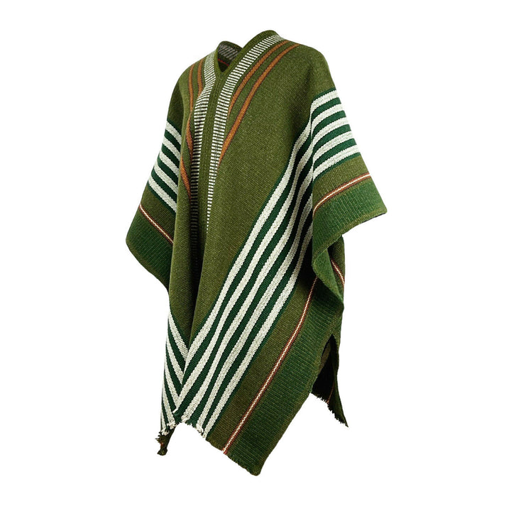 A green poncho with white and brown stripes drapes naturally, showcasing a V-neck design. The background is plain white, offering no additional context.
