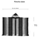 A patterned poncho is displayed with a hood, highlighted by measurements: 112 cm/44 inch width and 95 cm/37 inch height. It features fringed edges and geometric patterns. Text reads Poncho sizes.
