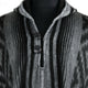 Nambija lightweight alpaca wool hooded poncho – the woolen poncho features vertical gray and black stripes with two black circular buttons on the front, set against a black mannequin in a plain background