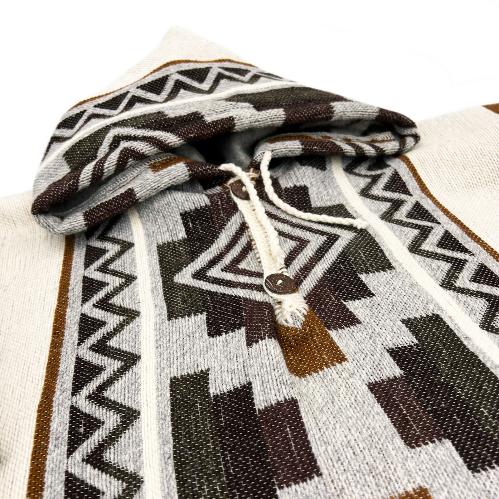 Nunka - Llama Wool Unisex South American Handwoven Thick Hooded Poncho - Andean pattern - natural colours