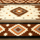 Geometric-patterned rug with earthy tones features diamond shapes and intricate designs, laid flat on a surface. The surrounding environment is not visible.