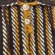 A close-up of a knitted fabric showcases vertical stripes in brown, mustard, and white. Three textured buttons are positioned centrally, highlighting the garment's fastening detail.