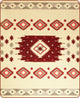 Rug displaying geometric patterns and bold, red, diamond shapes centered on a beige background, bordered by smaller diamond motifs, evoking a Southwestern aesthetic decor.